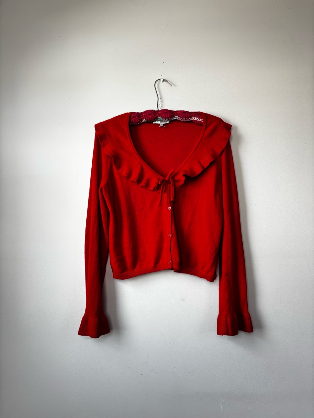 Red Ruffle-Trim Cardigan - Picture 2 of 5